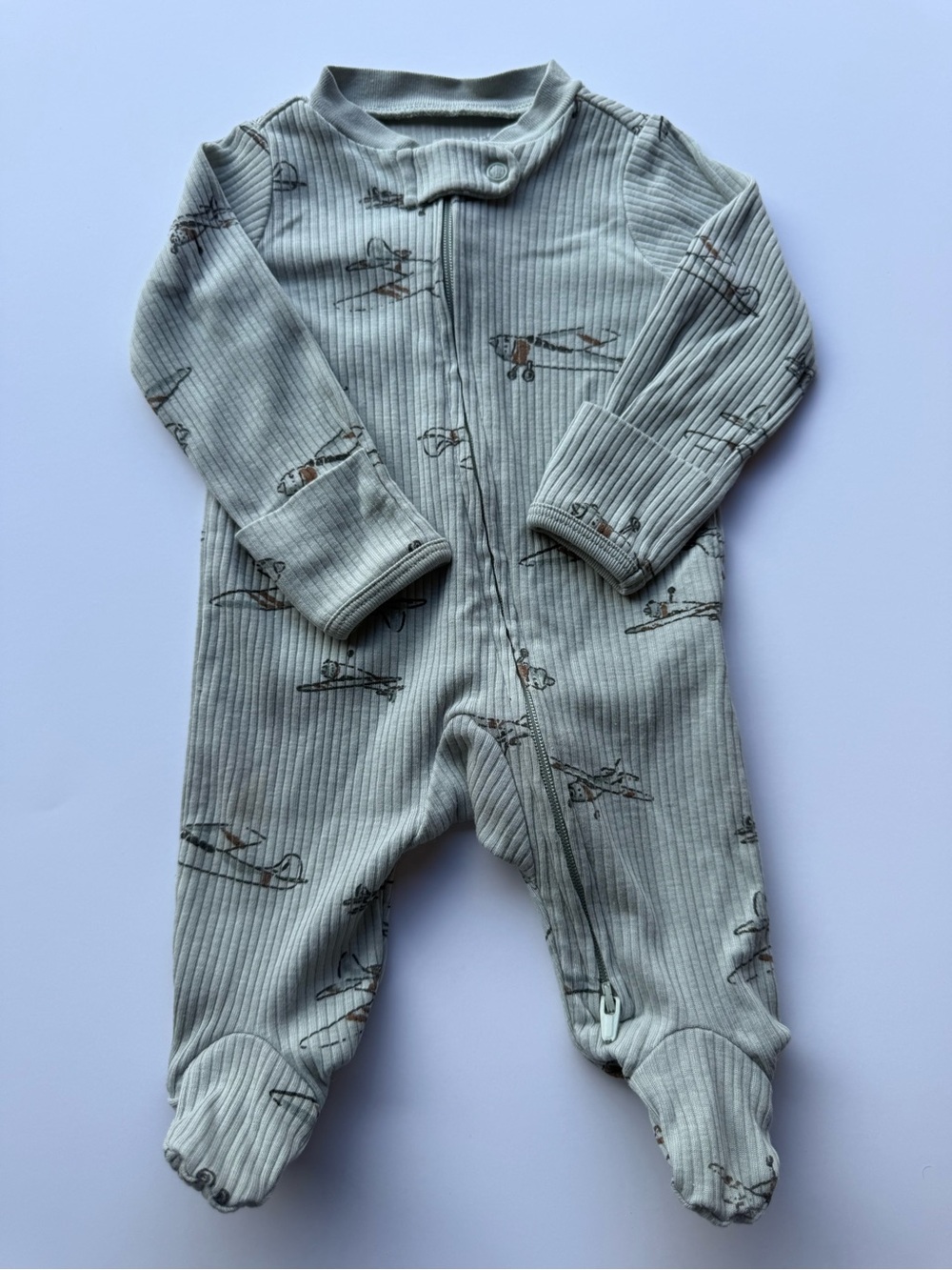 Soft Ribbed Airplane Print One-Piece Pajamas - Sage Green